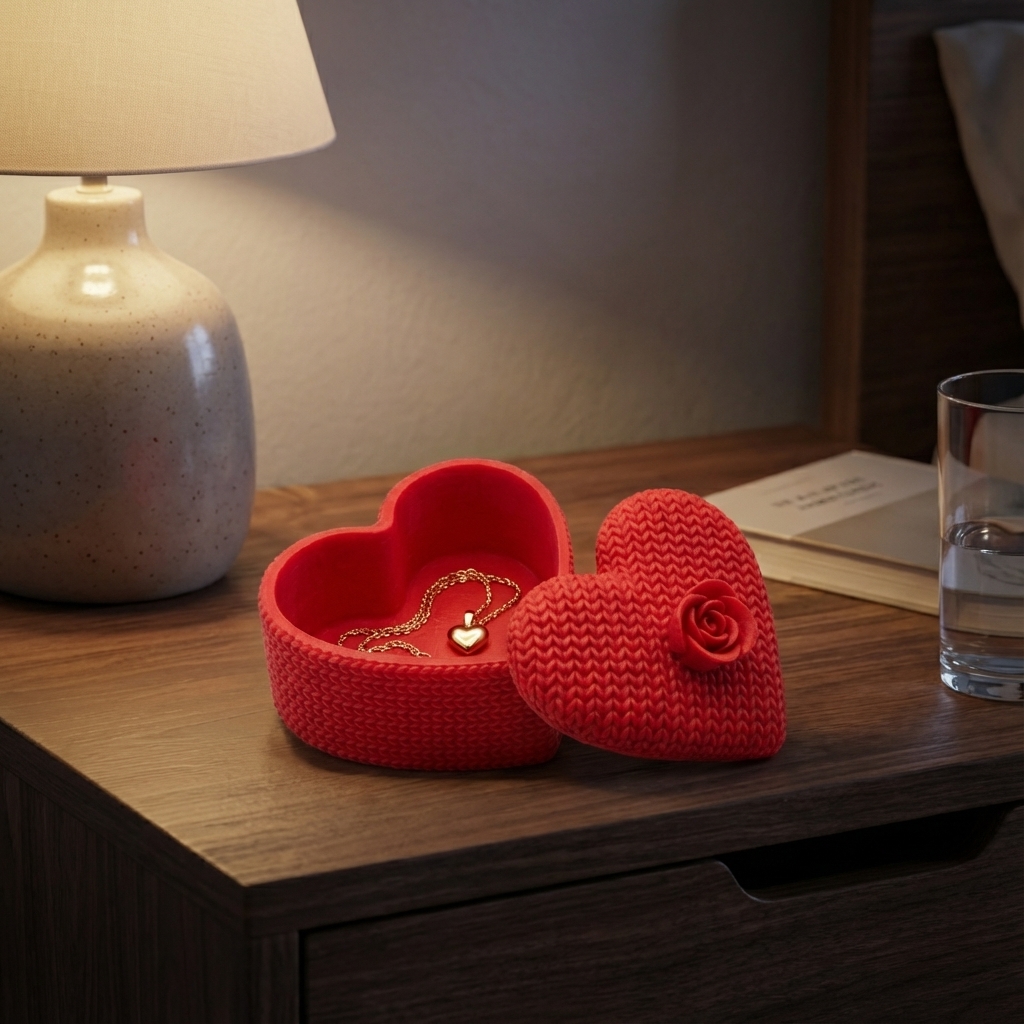 Škatlica HEART ROSE – rdeča srčasta škatlica z vrtnico na pokrovu
