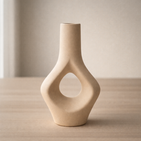 Bežna skulpturalna vaza na leseni površini