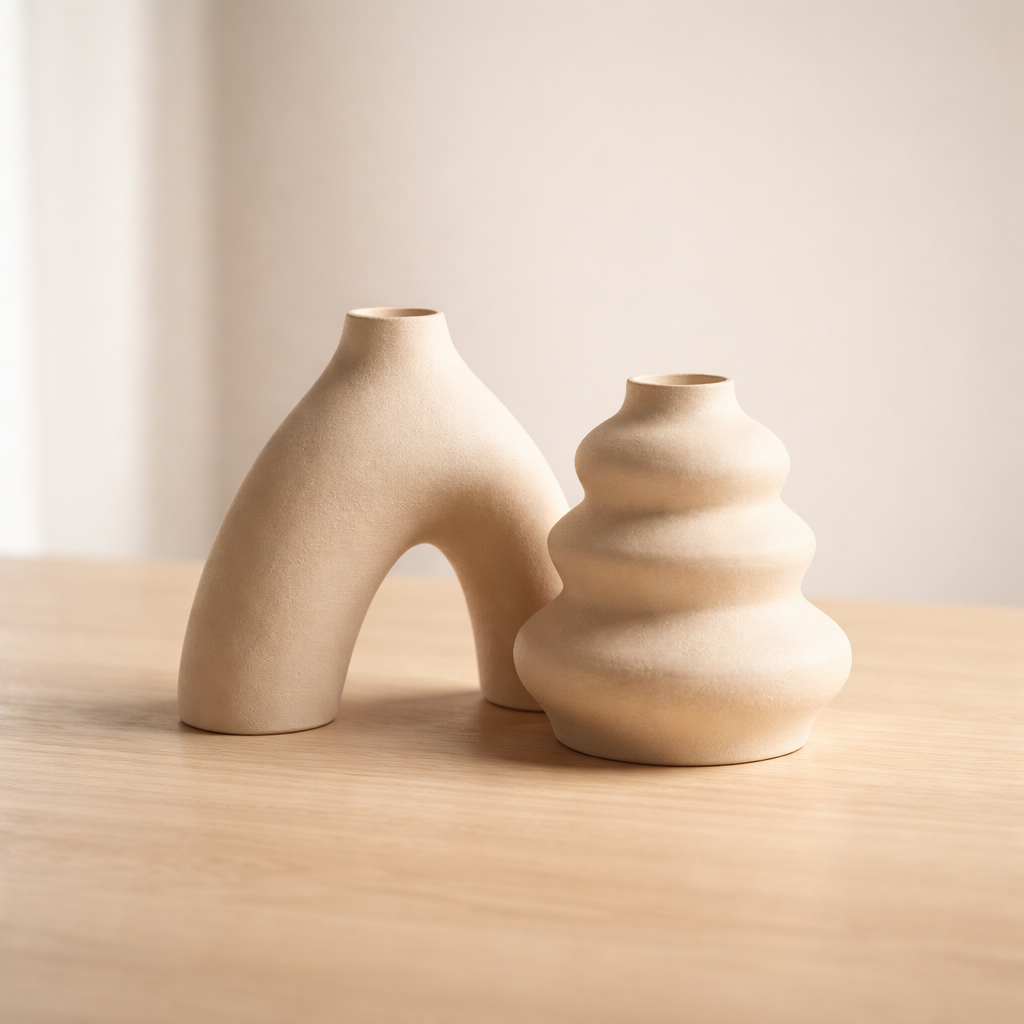 Skulpturalni keramični vazi na svetlem lesu